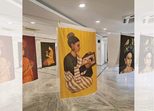 Olympe Ramakrishna has painted Indian women on long fabrics. It looks like both a sari and a painting. (IMAGE COURTESY OLYMPE RAMAKRISHNA AND ALLIANCE FRANCAISE)