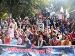 Dehradun, Jan 04 (ANI): People in large numbers protest demanding justice in the 2022 Ankita Bhandari murder case, in Dehradun on Sunday. 
