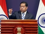 MEA spokesperson Randhir Jaiswal addresses a press conference in New Delhi on Friday.
