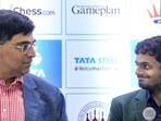 Grandmaster (GM) Viswanathan Anand, left, with GM Nihal Sarin during a press conference at the Tata Steel Chess. (PTI)