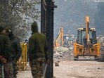 Security officials seen deployed in the area around Faiz-e-Elahi Masjid where MCD carried out demolition drive (RAJ K RAJ /HT PHOTO)