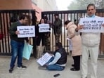 Eight AITC MPs were seen staged a dharna outside Shah's office in Delhi on Friday morning