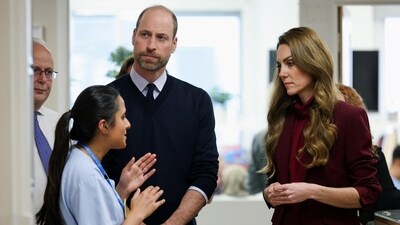 A staff member speaks to Britain's Prince William, Prince of Wales and Catherine, Princess of Wales at the neuro rehabilitation unit at Charing Cross Hospital, in London, Britain, January 8, 2026. REUTERS/Isabel Infantes/Pool (REUTERS)