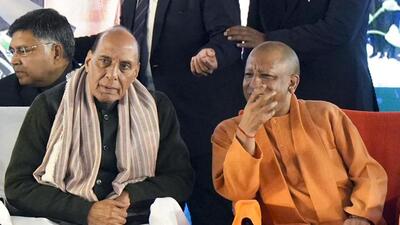 Defence minister Rajnath Singh and chief minister Yogi Adityanath at the inauguration of the Ashok Leyland EV plant in Lucknow on Friday. (PTI Photo) Defence minister Rajnath Singh and chief minister Yogi Adityanath at the inauguration of the Ashok Leyland EV plant in Lucknow on Friday. (PTI Photo)
