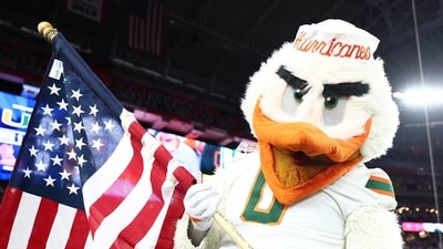 Miami Hurricanes mascot in the first half during the 2026 Fiesta Bowl and semifinal game of the College Football Playoff at State Farm Stadium. (IMAGN IMAGES via Reuters Connect)