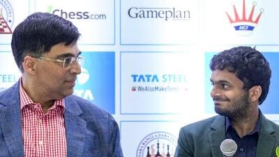 Grandmaster (GM) Viswanathan Anand, left, with GM Nihal Sarin during a press conference at the Tata Steel Chess. (PTI) Grandmaster (GM) Viswanathan Anand, left, with GM Nihal Sarin during a press conference at the Tata Steel Chess. (PTI)