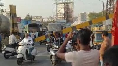 Height barrier installed near Aai Mata Mandir on Shatrunjay Road to enforce ban on heavy vehicles was knocked down by rule-violating truck on Friday. (HT) Height barrier installed near Aai Mata Mandir on Shatrunjay Road to enforce ban on heavy vehicles was knocked down by rule-violating truck on Friday. (HT)