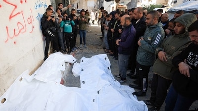 File photo of mourners attending the funeral of Palestinians killed in an Israeli strike last week, according to medics, at Al-Shifa Hospital in Gaza City in December 2025. (REUTERS/Dawoud Abu Alkas)