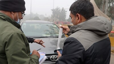 Delhi Traffic Police personnel check vehicles during a routine enforcement drive as authorities step up action against dangerous wrong-side driving. (PTI) Delhi Traffic Police personnel check vehicles during a routine enforcement drive as authorities step up action against dangerous wrong-side driving. (PTI)
