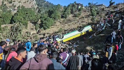 The private bus en route from Kupvi to Shimla and fell into gorge near Haripurdhar in Sirmaur on Friday. (ANI)