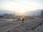 A man walks along a frost-covered area near the Dal Lake on a cold winter morning in Srinagar on Friday. (Waseem Andrabi/HT)