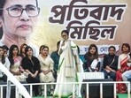 West Bengal Chief Minister Mamata Banerjee addresses a protest rally against the Enforcement Directorate (ED) raid on the IPAC office, in Kolkata on Friday.