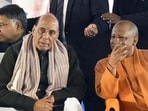 Defence minister Rajnath Singh and chief minister Yogi Adityanath at the inauguration of the Ashok Leyland EV plant in Lucknow on Friday. (PTI Photo)