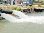The pipeline was damaged on Friday afternoon within the Basai water treatment plant complex. (Parveen Kumar/HT)