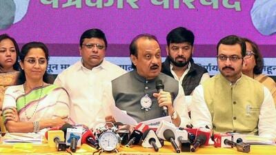 Maharashtra Deputy Chief Minister Ajit Pawar, with NCP MP Supriya Sule and others, during the release of manifesto, in Pune on Saturday. (@supriya_sule X) Maharashtra Deputy Chief Minister Ajit Pawar, with NCP MP Supriya Sule and others, during the release of manifesto, in Pune on Saturday. (@supriya_sule X)