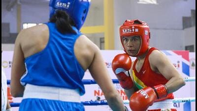 Nikhat Zareen (in red) in action. (BFI) Nikhat Zareen (in red) in action. (BFI)