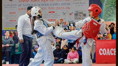 Taekwondo players during a bout in Ludhiana on Saturday. (Manish/HT) Taekwondo players during a bout in Ludhiana on Saturday. (Manish/HT)