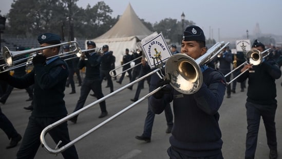 Indian Air Force band members participate in a rehearsal ahead of the Republic Day parade.(AFP)