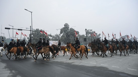 The President’s Bodyguards seen on horses during the rehearsal for the upcoming Republic Day Parade 2026 at Kartavya Path(ANI)
