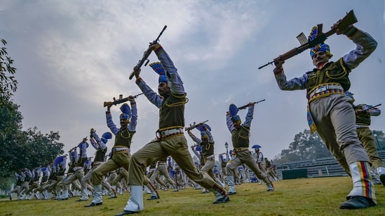 CRPF contingent seen practising during the rehearsals in the morning, for the Republic Day parade(Raj K Raj/ Hindustan Times)