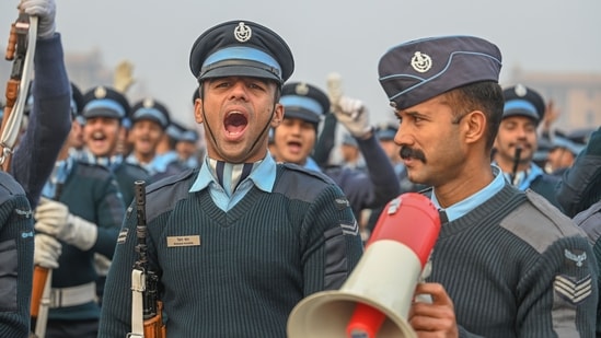 Visuals show the Indian Air Force contingent practising during rehearsals for the Republic Day at Kartavya Path in New Delhi.(Raj K Raj/ Hindustan Times)