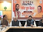 (From left) BJP state president Mohan Badoli, union minister Manohar Khattar, Haryana CM Nayab Saini, and Haryana BJP state in-charge Satish Punia. (HT Photo)