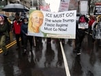Demonstrators march outside the White House in Washington, Saturday, Jan. 10, 2026, against the Immigration and Customs Enforcement (ICE) agent who fatally shot Renee Nicole Good in Minneapolis. (AP Photo/Jose Luis Magana)(AP)