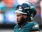 Jalen Carter looks on before the NFC Wild Card Playoff game against the San Francisco 49ers at Lincoln Financial Field on January 11.
