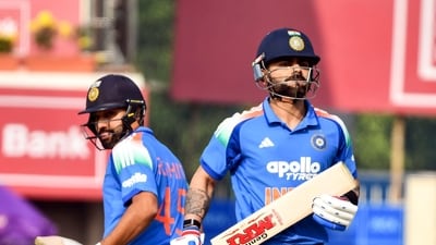 Rohit Sharma and Virat Kohli run between the wickets. (Somnath Sen (ANI)) Rohit Sharma and Virat Kohli run between the wickets. (Somnath Sen (ANI))