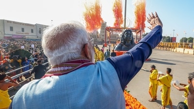 Prime Minister Narendra Modi arrived in Somnath, Gujarat, on Saturday evening on a two-day visit to the temple town and attended the Shaurya Yatra held as part of the Somnath Swabhiman Parv on Sunday. (DPR PMO) Prime Minister Narendra Modi arrived in Somnath, Gujarat, on Saturday evening on a two-day visit to the temple town and attended the Shaurya Yatra held as part of the Somnath Swabhiman Parv on Sunday. (DPR PMO)