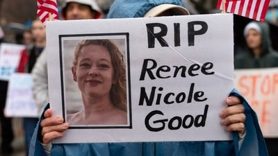 Demonstrators protest outside the White House in Washington, Saturday, Jan. 10, 2026, against the Immigration and Customs Enforcement agent who fatally shot Renee Good in Minneapolis. AP/PTI(AP01_11_2026_000008A) (AP)