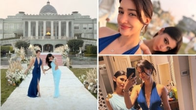 Disha Patani and Mouni Roy at Nupur Sanon and Stebin Ben's wedding at Udaipur. (imouniroy/Instagram) Disha Patani and Mouni Roy at Nupur Sanon and Stebin Ben's wedding at Udaipur. (imouniroy/Instagram)