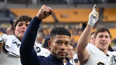 Head coach Marcus Freeman of the Notre Dame Fighting Irish reacts following a 37-15 win over the Pittsburgh Panthers. (Getty Images via AFP) Head coach Marcus Freeman of the Notre Dame Fighting Irish reacts following a 37-15 win over the Pittsburgh Panthers. (Getty Images via AFP)