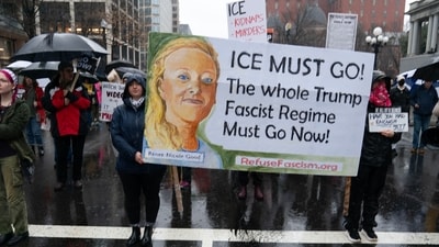 Demonstrators march outside the White House in Washington, Saturday, Jan. 10, 2026, against the Immigration and Customs Enforcement (ICE) agent who fatally shot Renee Nicole Good in Minneapolis. (AP Photo/Jose Luis Magana) (AP) Demonstrators march outside the White House in Washington, Saturday, Jan. 10, 2026, against the Immigration and Customs Enforcement (ICE) agent who fatally shot Renee Nicole Good in Minneapolis. (AP Photo/Jose Luis Magana) (AP)