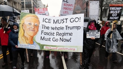 Demonstrators march outside the White House in Washington, Saturday, Jan. 10, 2026, against the Immigration and Customs Enforcement (ICE) agent who fatally shot Renee Nicole Good in Minneapolis. (AP Photo/Jose Luis Magana) (AP)