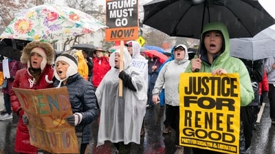 Demonstrators march outside the White House in Washington, Saturday, Jan. 10, 2026, against the Immigration and Customs Enforcement (ICE) agent who fatally shot Renee Nicole Good in Minneapolis. (AP Photo/Jose Luis Magana) (AP)