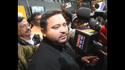 Leader of Oppostion and RJD leader Tejashwi Yadav speaks with mediapersons during his arrival at the Jaiprakash Narayan Airport in Patna on Sunday. (Santosh Kumar/HT) Leader of Oppostion and RJD leader Tejashwi Yadav speaks with mediapersons during his arrival at the Jaiprakash Narayan Airport in Patna on Sunday. (Santosh Kumar/HT)