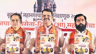 Maharashtra CM Devendra Fadnavis, Dy CM Eknath Shinde and other party leaders take part in the launch of the Mahayuti manifesto ahead of BMC election, in Mumbai, India, on Sunday, Jan 11, 2026. (Photo by Bhushan Koyande/HT Photo) Maharashtra CM Devendra Fadnavis, Dy CM Eknath Shinde and other party leaders take part in the launch of the Mahayuti manifesto ahead of BMC election, in Mumbai, India, on Sunday, Jan 11, 2026. (Photo by Bhushan Koyande/HT Photo)