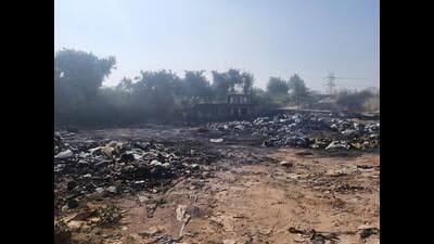 The aftermath of the blaze at the stone crusher zone in Bar Gujjar village. (HT) The aftermath of the blaze at the stone crusher zone in Bar Gujjar village. (HT)