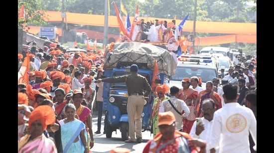 On Saturday, a rally organised at Shanipar Chowk by Shiv Sena (Uddhav Balasaheb Thackeray/UBT) disrupted vehicular movement in the congested peth areas. (MAHENDRA KOLHE/HT)