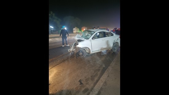 The victims’ mangled car. The impact of the collision killed them on the spot, said police. (HT)