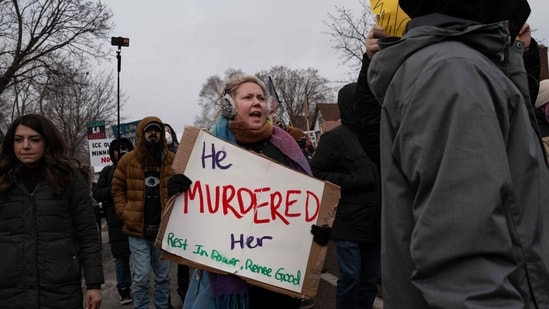 MINNEAPOLIS, MINNESOTA - JANUARY 10: Thousands of demonstrators march from Powderhorn Park past the site where Renee Good was killed on January 10, 2026 in Minneapolis, Minnesota. Good was fatally shot by an immigration enforcement agent during an incident in south Minneapolis on January 7. Scott Olson/Getty Images/AFP (Photo by SCOTT OLSON / GETTY IMAGES NORTH AMERICA / Getty Images via AFP)(Getty Images via AFP)
