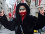 An Iranian woman living in Turkey gestures during a demonstration in support of nationwide protests in Iran, near the Iranian consulate in Istanbul, Turkey, January 11, 2026.
