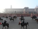 The President’s Bodyguards take part in the Republic Day parade rehearsals at Vijay Chowk on Sunday. (Arvind Yadav/HT Photo)