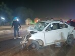 The victims’ mangled car. The impact of the collision killed them on the spot, said police. (HT) The victims’ mangled car. The impact of the collision killed them on the spot, said police. (HT)