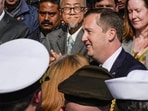 United States ambassador-designate Sergio Gor greets officials upon his arrival at the US Embassy in New Delhi on Monday (PTI)