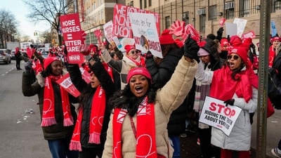 Nurses gathered outside New York-Presbyterian Hospital in New York on Monday, January 12, 2026, as they took part in a strike. (AP Photo/Yuki Iwamura) (AP) Nurses gathered outside New York-Presbyterian Hospital in New York on Monday, January 12, 2026, as they took part in a strike. (AP Photo/Yuki Iwamura) (AP)