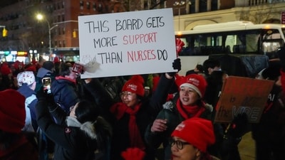 Nurses demonstrated outside Mount Sinai West Hospital in New York on Monday, January 12, 2026, as part of an ongoing strike. (AP Photo/Yuki Iwamura) (AP) Nurses demonstrated outside Mount Sinai West Hospital in New York on Monday, January 12, 2026, as part of an ongoing strike. (AP Photo/Yuki Iwamura) (AP)