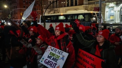 Several women gather outside Mount Sinai West Hospital with signboards, Monday, Jan. 12, 2026, in New York. (AP Photo/Yuki Iwamura) (AP) Several women gather outside Mount Sinai West Hospital with signboards, Monday, Jan. 12, 2026, in New York. (AP Photo/Yuki Iwamura) (AP)