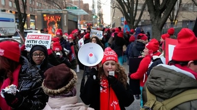A woman voiced speaks on speakers during the nurses' strike outside Mount Sinai West Hospital. (AP Photo/Yuki Iwamura) (AP) A woman voiced speaks on speakers during the nurses' strike outside Mount Sinai West Hospital. (AP Photo/Yuki Iwamura) (AP)